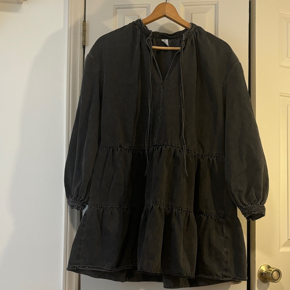 &Denim Washed Black Tie-Neck Tiered Dress